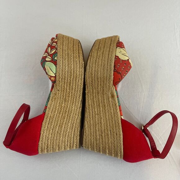 Tory Burch Sherri 9 M Leather Espadrille Wedge Platform Heel Peep Toe Red Floral - Picture 6 of 8